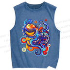 Unisex Art Color Octopus Printed Washed Tank Top
