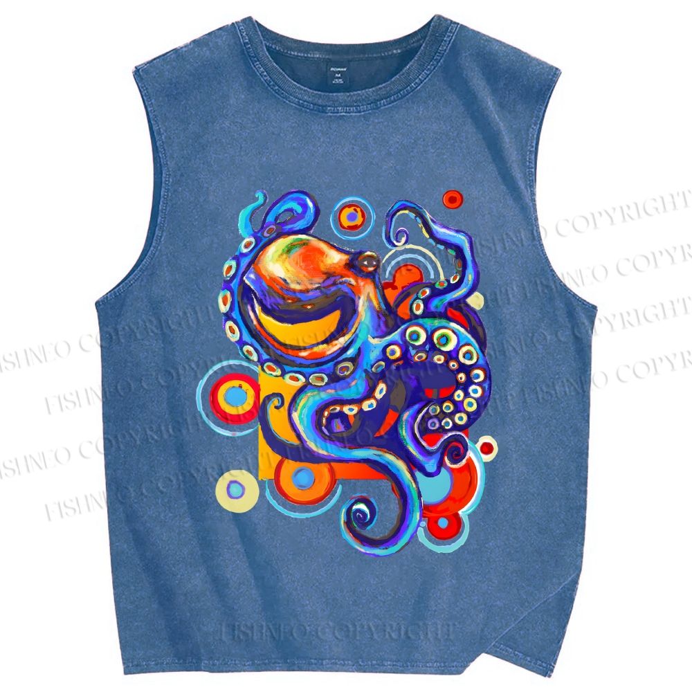 Unisex Art Color Octopus Printed Washed Tank Top
