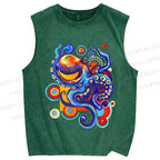 Unisex Art Color Octopus Printed Washed Tank Top
