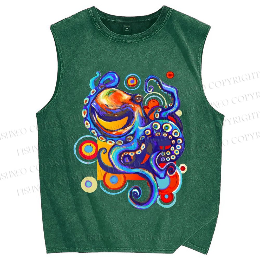 Unisex Art Color Octopus Printed Washed Tank Top