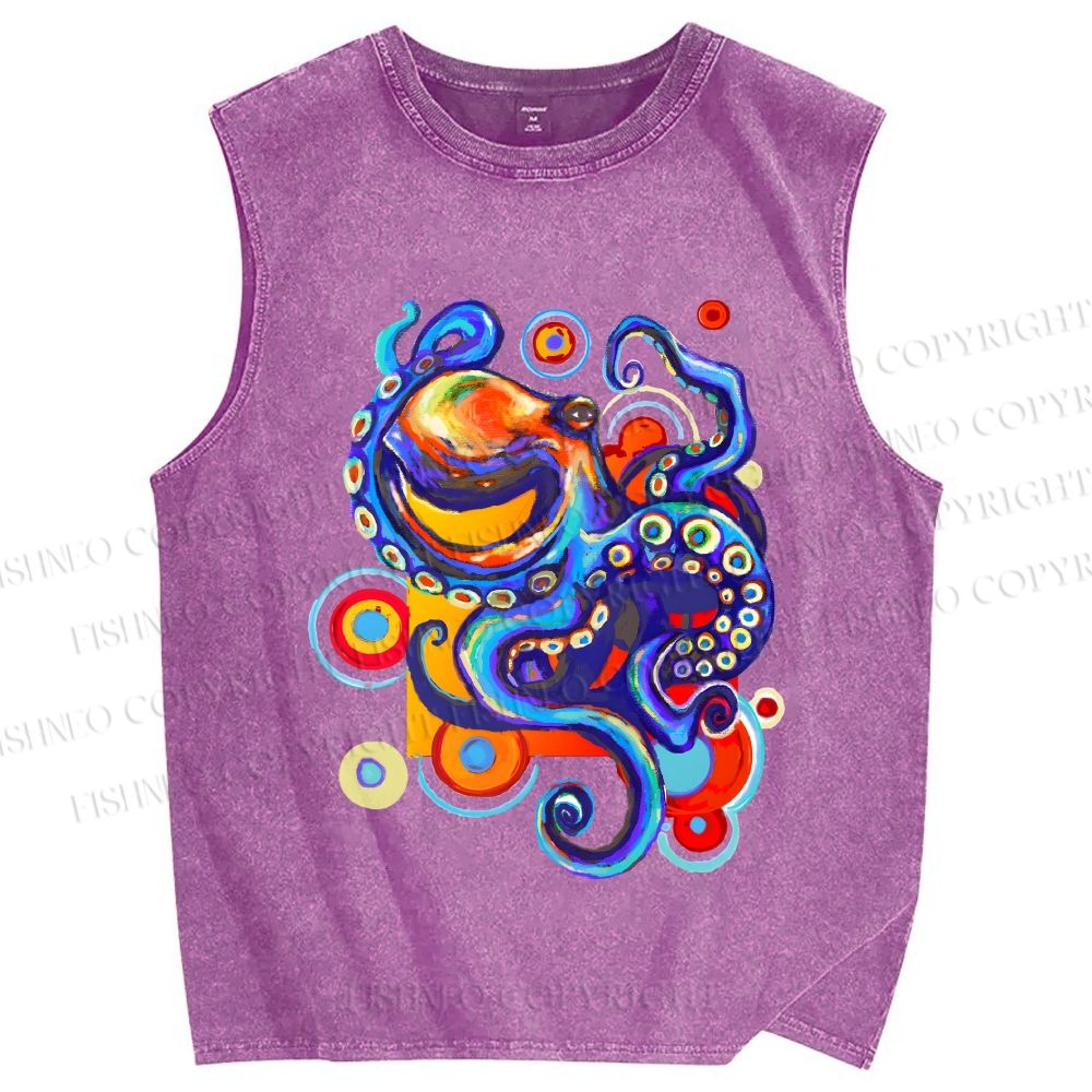 Unisex Art Color Octopus Printed Washed Tank Top