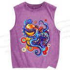 Unisex Art Color Octopus Printed Washed Tank Top