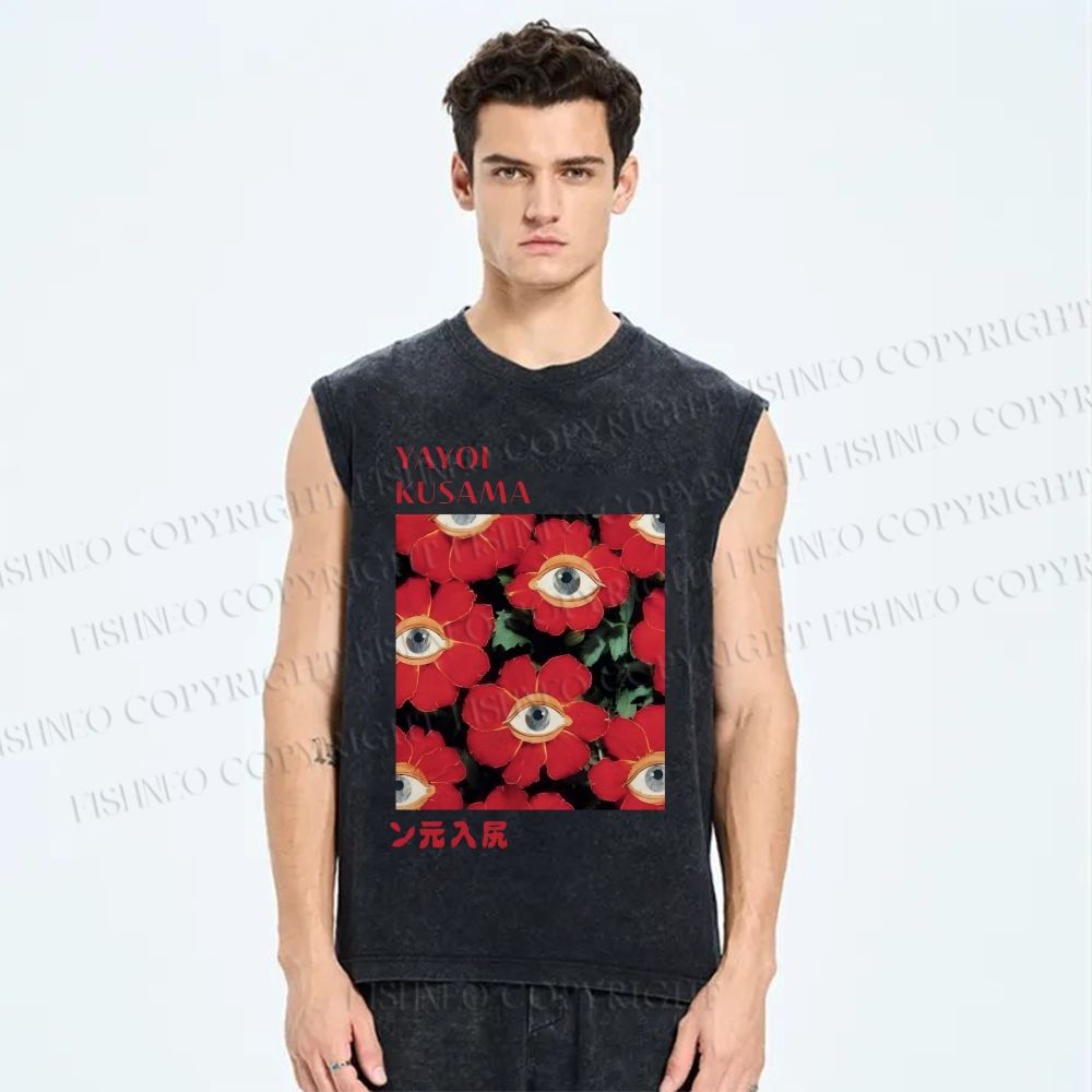 Unisex Yayoi Kusama Art Flower Eyes Printed Washed Tank Top