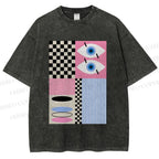 Unisex Geometric Patchwork Printed Washed Tee
