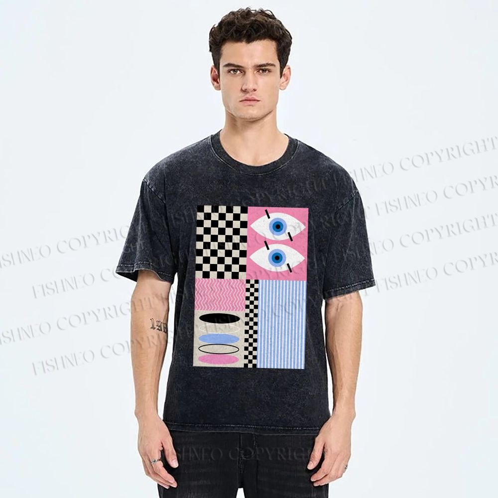 Unisex Geometric Patchwork Printed Washed Tee