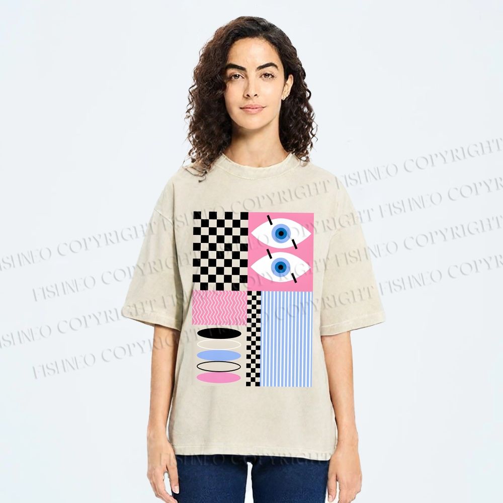 Unisex Geometric Patchwork Printed Washed Tee