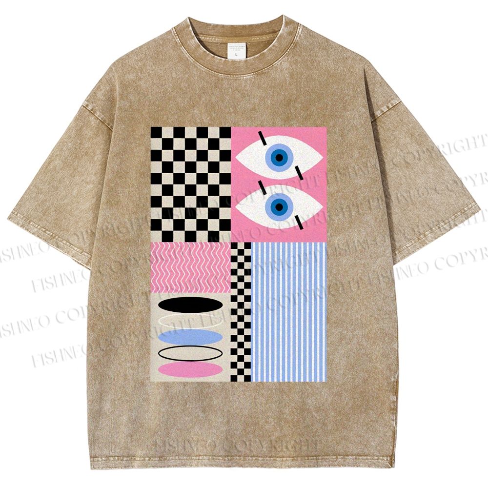 Unisex Geometric Patchwork Printed Washed Tee