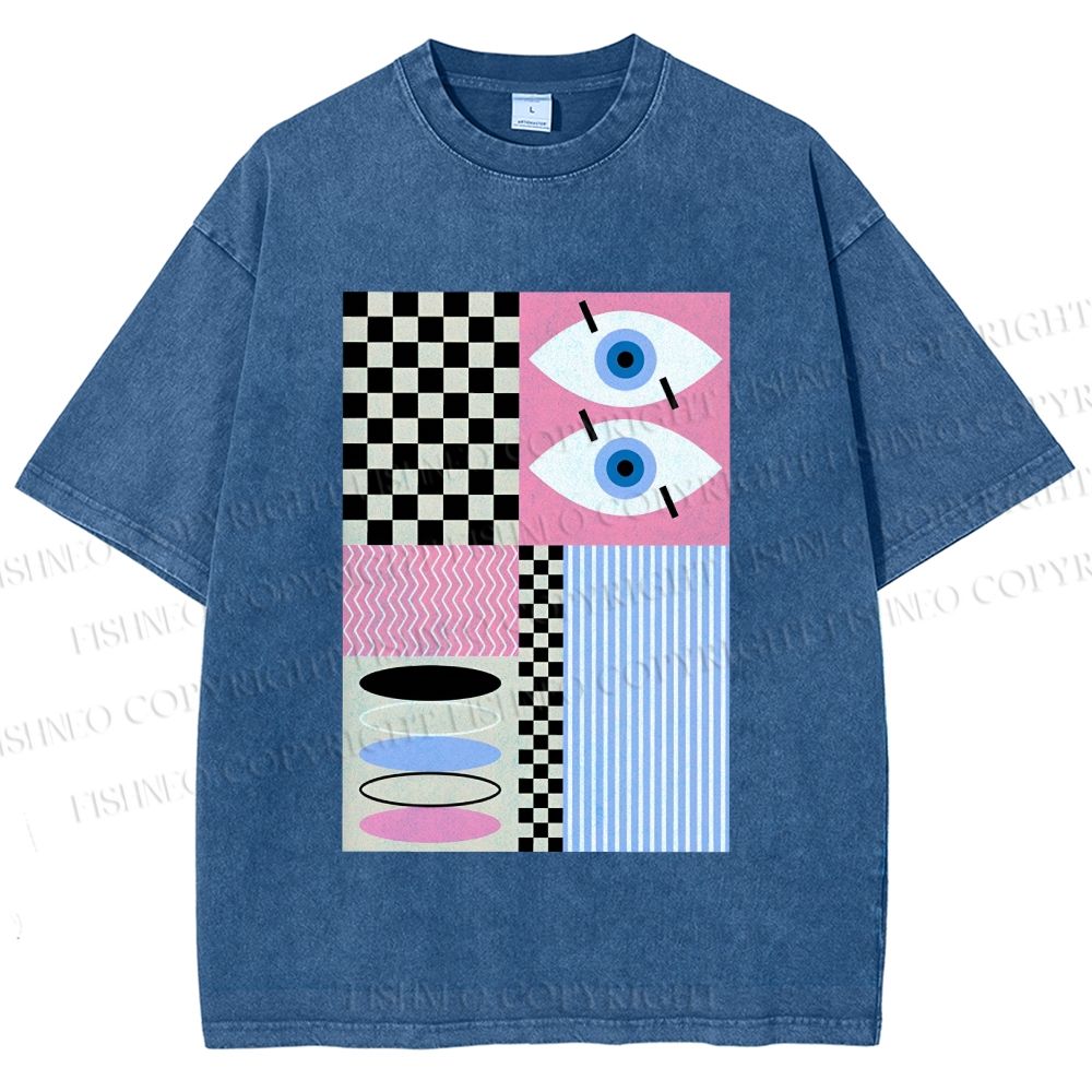 Unisex Geometric Patchwork Printed Washed Tee