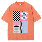 Unisex Geometric Patchwork Printed Washed Tee