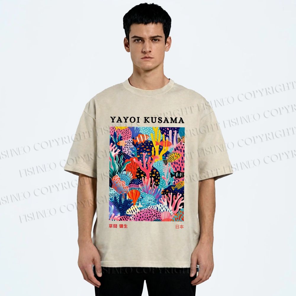 Unisex Yayoi Kusama Coral Fish Printed Washed Tee