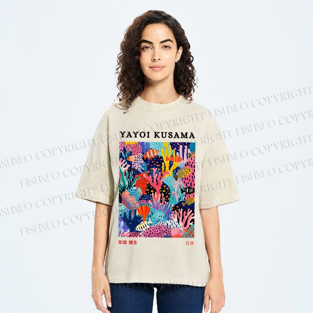 Unisex Yayoi Kusama Coral Fish Printed Washed Tee