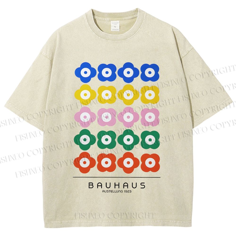 Unisex Bauhaus Colorful Flowers Printed Washed Tee