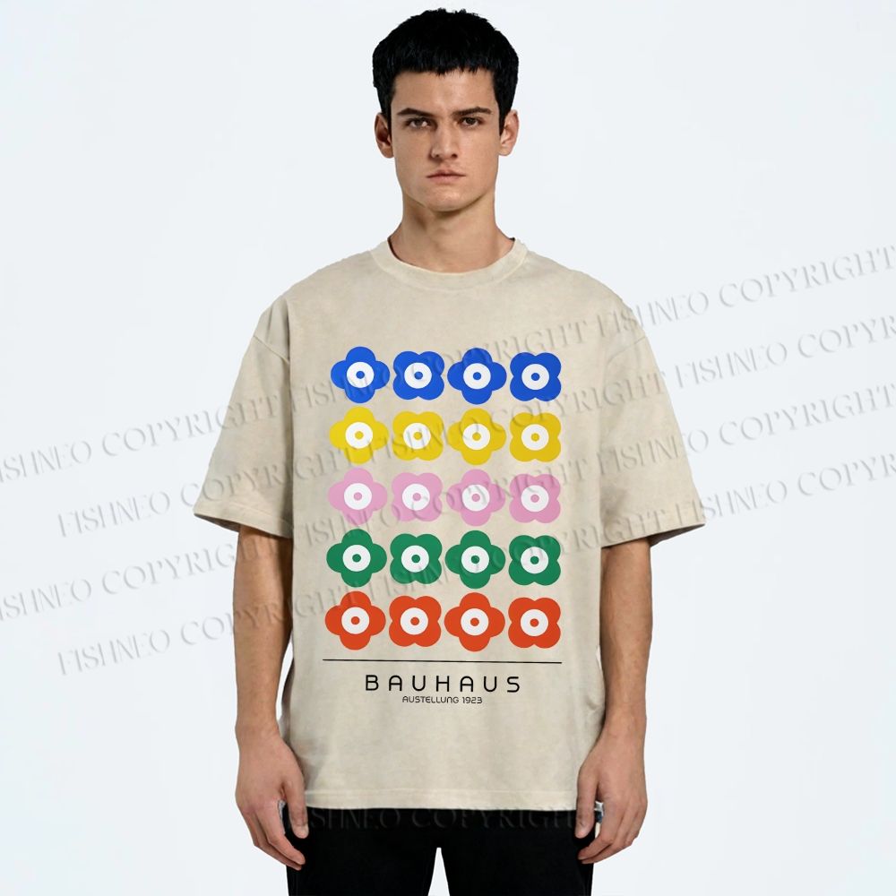Unisex Bauhaus Colorful Flowers Printed Washed Tee