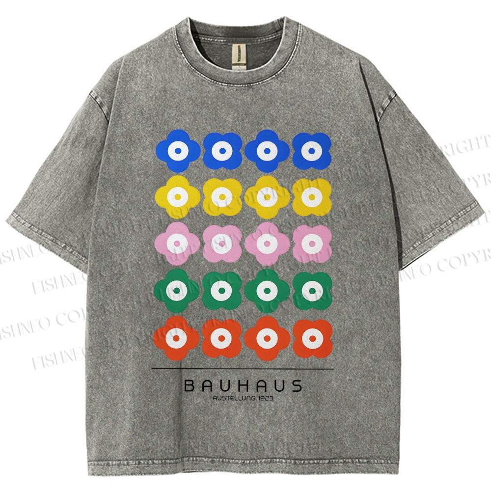 Unisex Bauhaus Colorful Flowers Printed Washed Tee