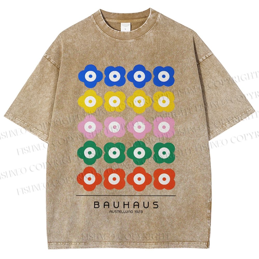 Unisex Bauhaus Colorful Flowers Printed Washed Tee