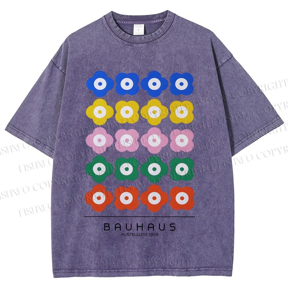 Unisex Bauhaus Colorful Flowers Printed Washed Tee