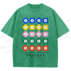 Unisex Bauhaus Colorful Flowers Printed Washed Tee