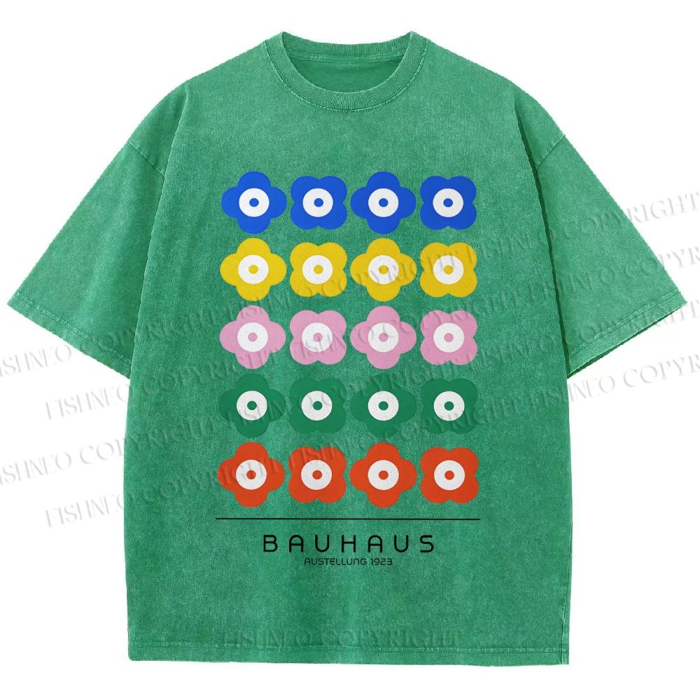 Unisex Bauhaus Colorful Flowers Printed Washed Tee