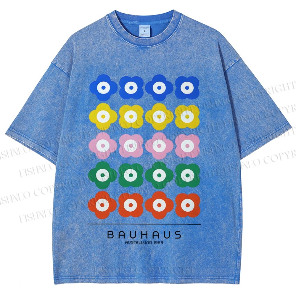 Unisex Bauhaus Colorful Flowers Printed Washed Tee