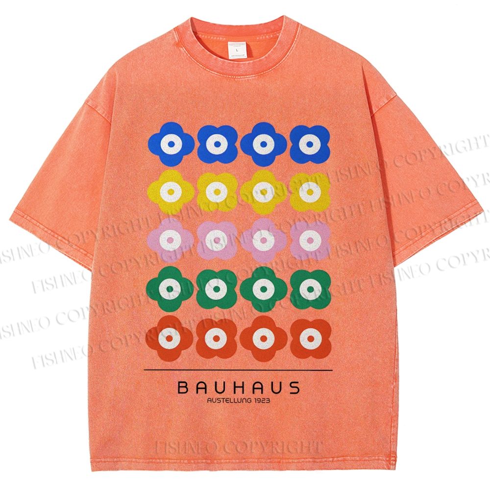 Unisex Bauhaus Colorful Flowers Printed Washed Tee