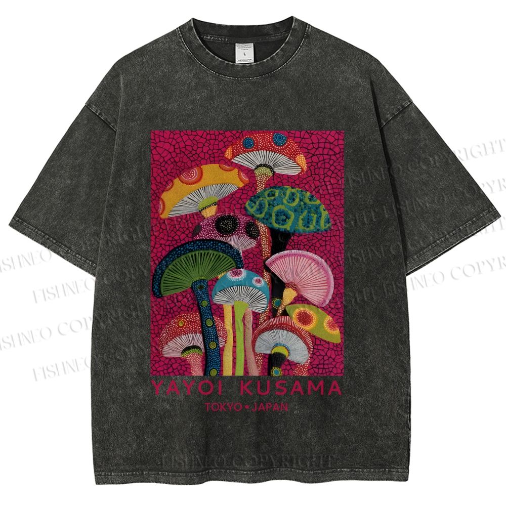Unisex Yayoi Kusama Mushroom Printed Washed Tee