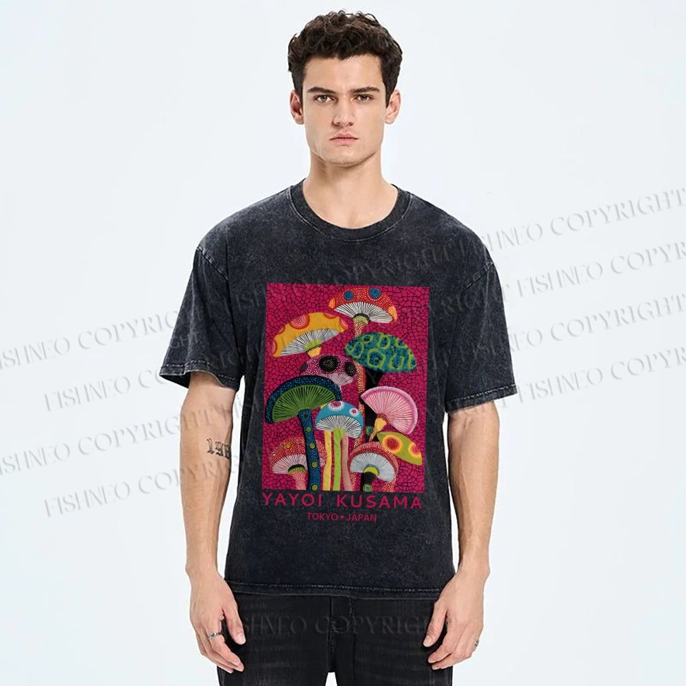 Unisex Yayoi Kusama Mushroom Printed Washed Tee