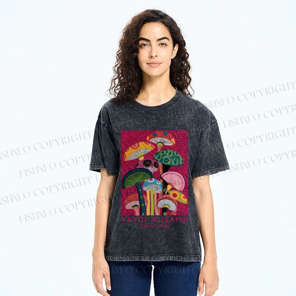 Unisex Yayoi Kusama Mushroom Printed Washed Tee