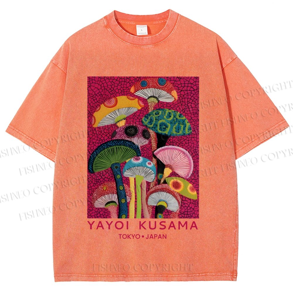 Unisex Yayoi Kusama Mushroom Printed Washed Tee