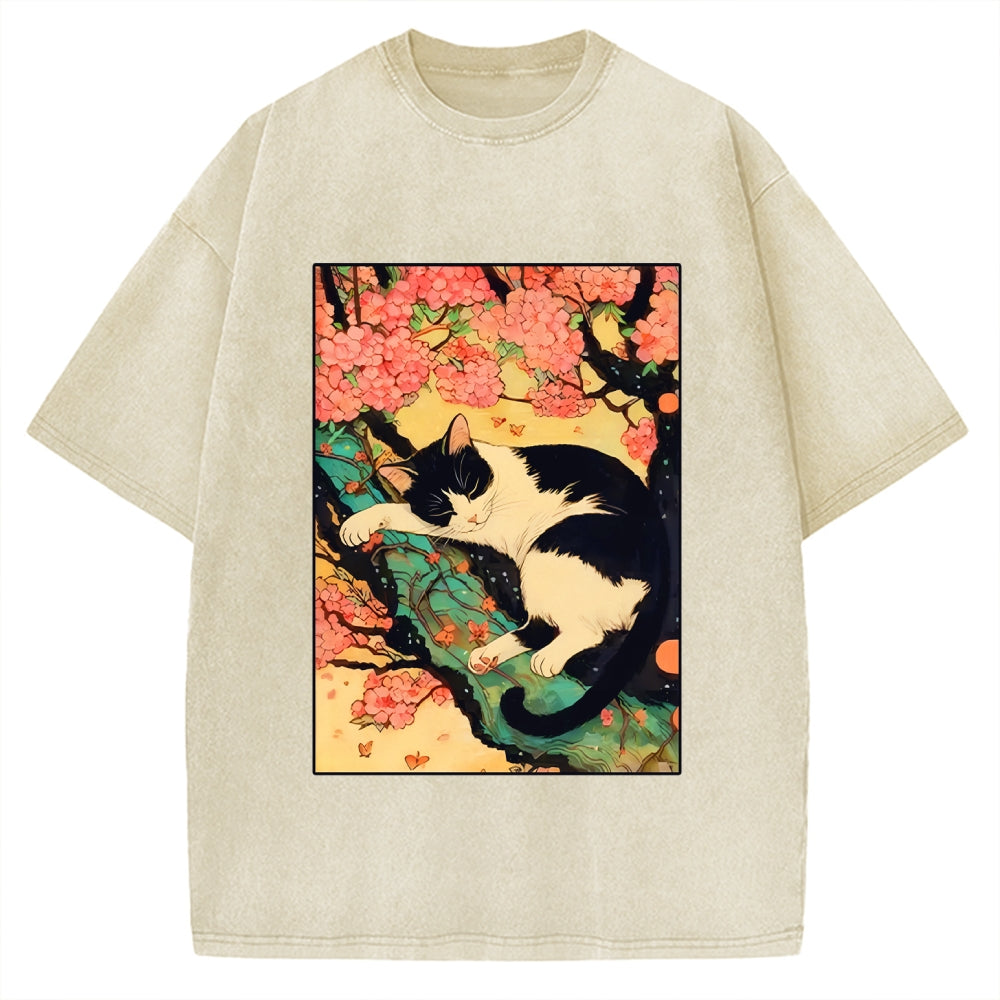 Unisex Japanese Sakura Cat Vibe Printed Washed Tee