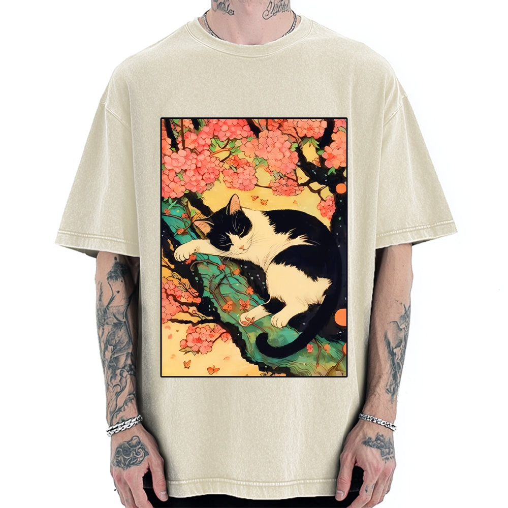 Unisex Japanese Sakura Cat Vibe Printed Washed Tee