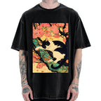 Unisex Japanese Sakura Cat Vibe Printed Washed Tee