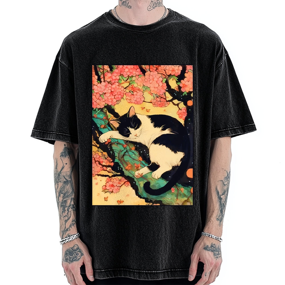Unisex Japanese Sakura Cat Vibe Printed Washed Tee