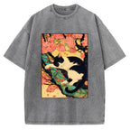 Unisex Japanese Sakura Cat Vibe Printed Washed Tee