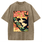Unisex Japanese Sakura Cat Vibe Printed Washed Tee