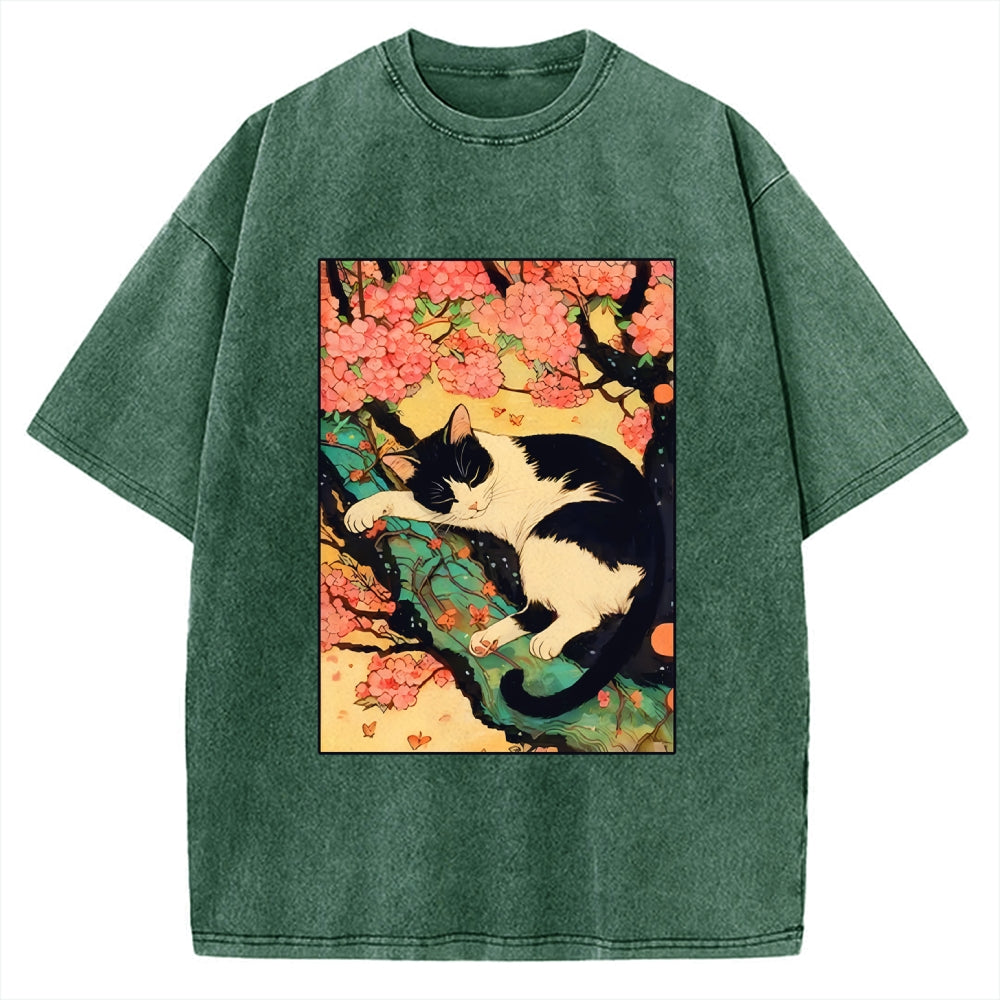 Unisex Japanese Sakura Cat Vibe Printed Washed Tee