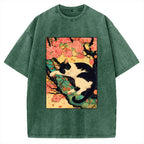 Unisex Japanese Sakura Cat Vibe Printed Washed Tee