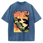 Unisex Japanese Sakura Cat Vibe Printed Washed Tee