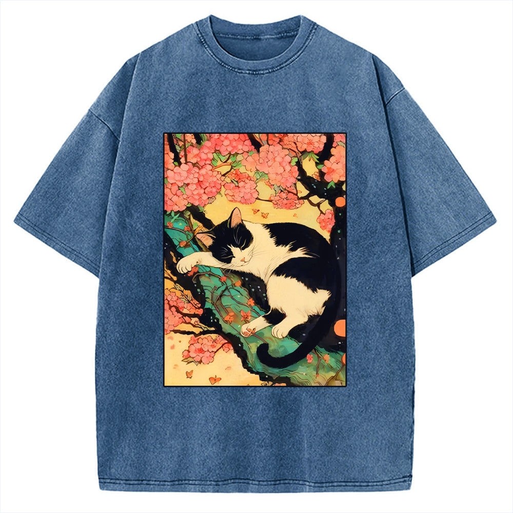 Unisex Japanese Sakura Cat Vibe Printed Washed Tee