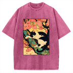 Unisex Japanese Sakura Cat Vibe Printed Washed Tee