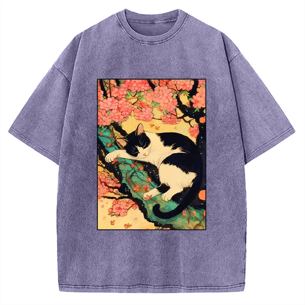Unisex Japanese Sakura Cat Vibe Printed Washed Tee