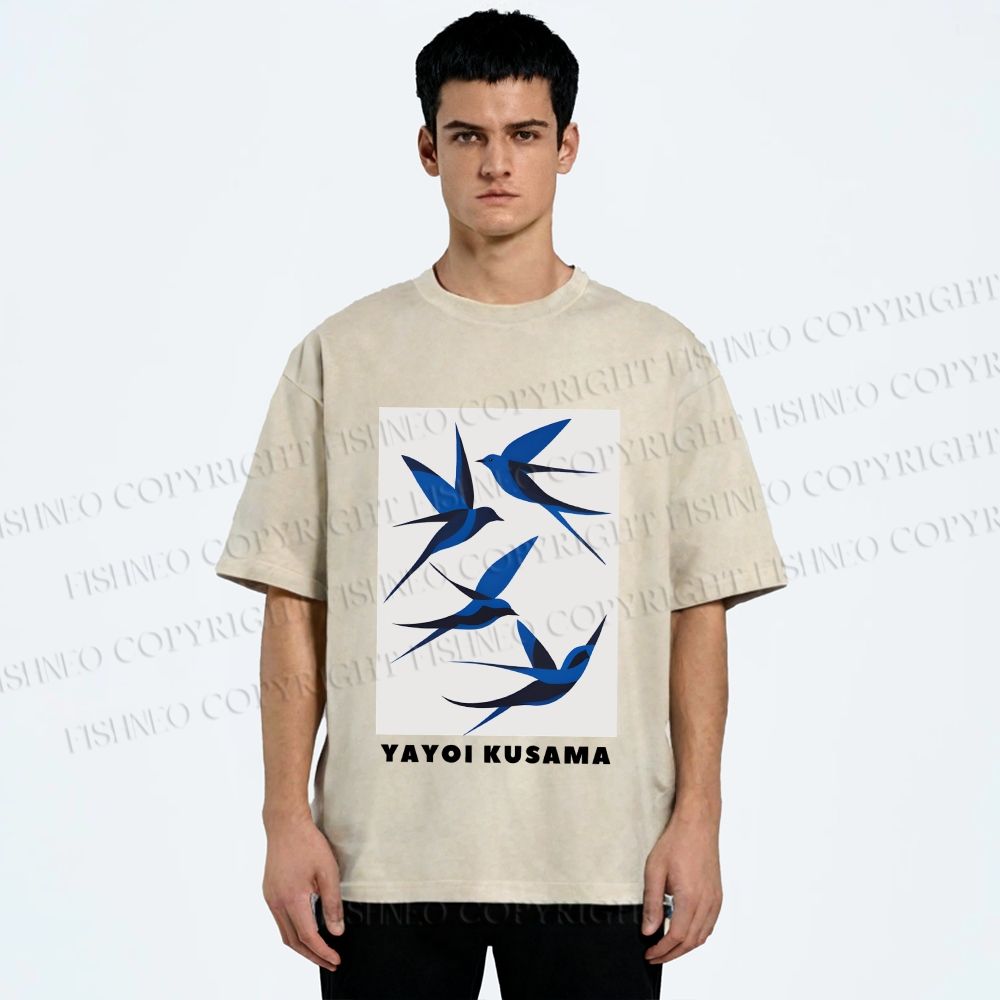 Unisex Yayoi Kusama Birds Printed Washed Tee
