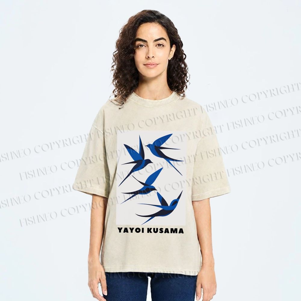 Unisex Yayoi Kusama Birds Printed Washed Tee