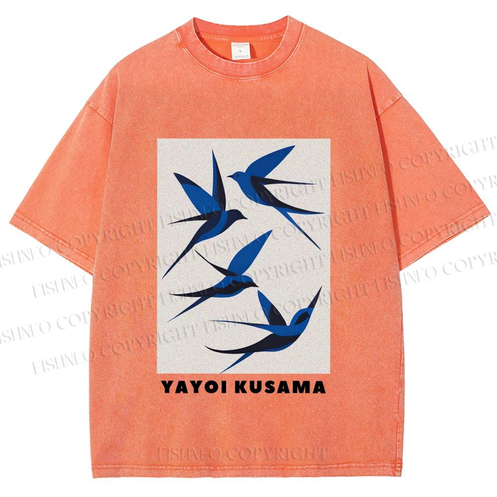 Unisex Yayoi Kusama Birds Printed Washed Tee