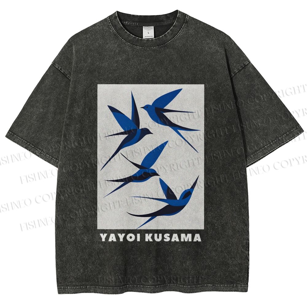 Unisex Yayoi Kusama Birds Printed Washed Tee