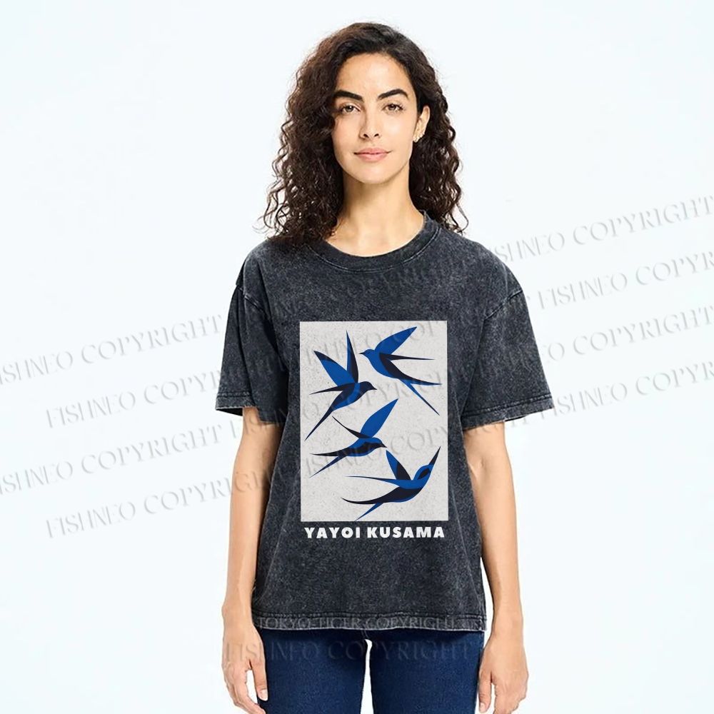 Unisex Yayoi Kusama Birds Printed Washed Tee