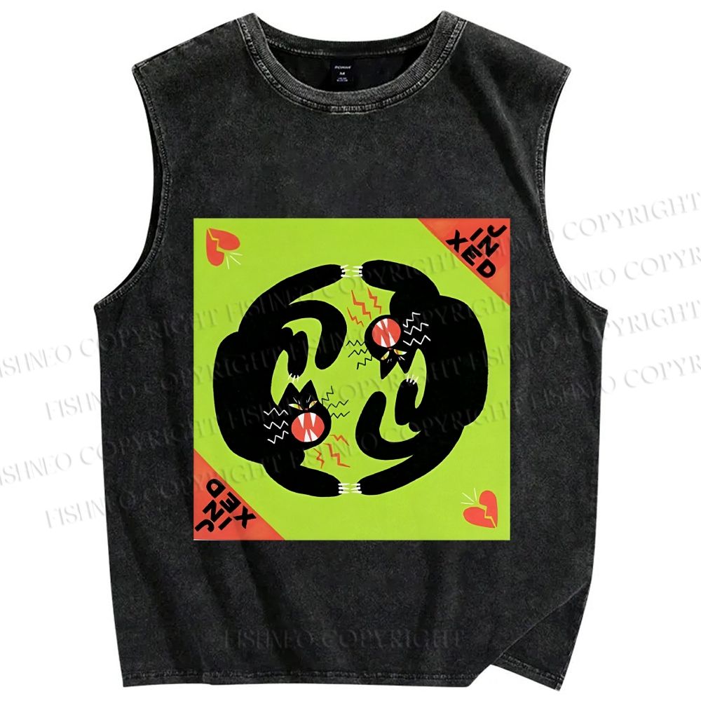 Unisex Black Cat in Double Printed Washed Tank Top
