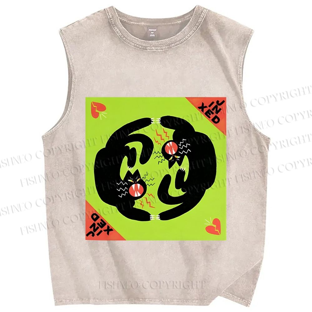 Unisex Black Cat in Double Printed Washed Tank Top
