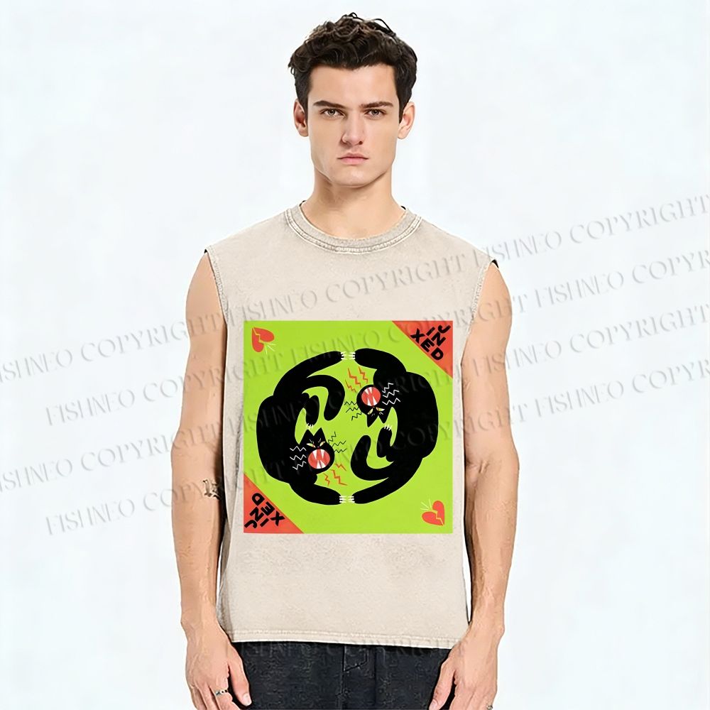 Unisex Black Cat in Double Printed Washed Tank Top