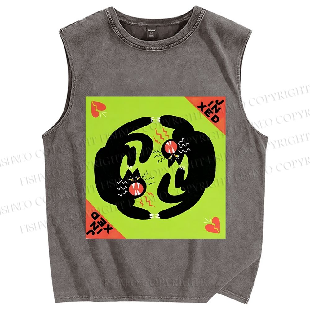 Unisex Black Cat in Double Printed Washed Tank Top