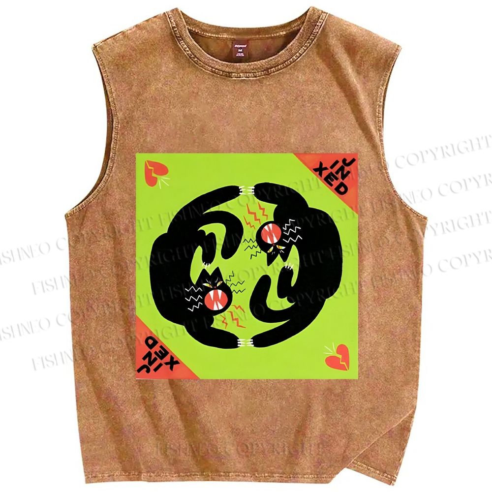 Unisex Black Cat in Double Printed Washed Tank Top